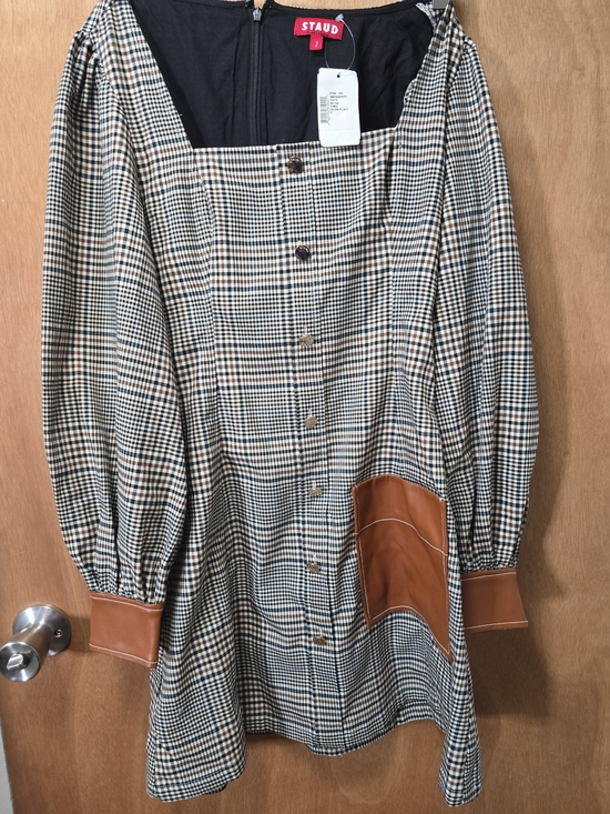 STAUD Dresses & Skirts - STAUD Plaid Button-Front Dress with Contrast Leather Pockets